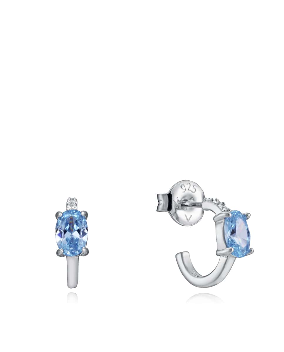 Pendientes Clásica de la plata de ley de baño de rodio, aro con circonita color aguamarina y circonitas blancas REF: 13155E000-33