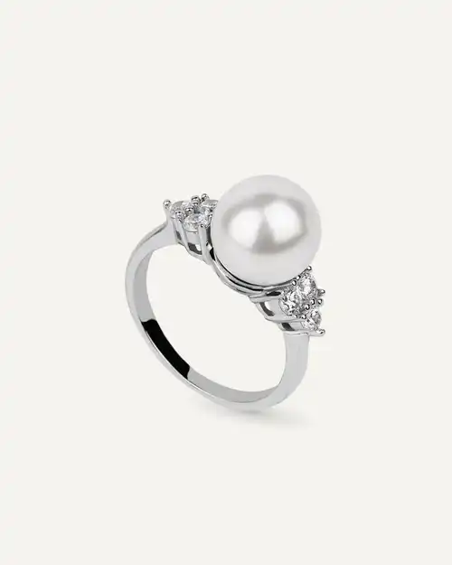 Anillo BRILLIANT CUT en plata de ley con circonitas Excellence star cut y perla de concha.