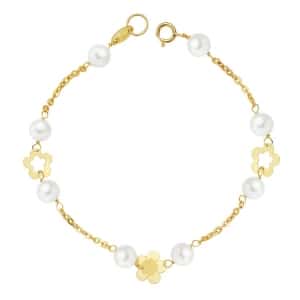 18K PULSERA ORO AMARILLO PERLA Y FLORES 17CM