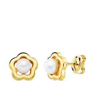 18K PENDIENTES ORO AMARILLO FLOR 8X8 MM PERLAS 4 MM PRESION
