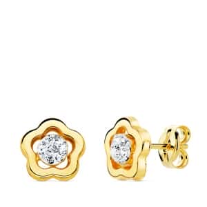 18K PENDIENTES ORO AMARILLO FLOR Y CIRCONITA 8X8 MM PRESION