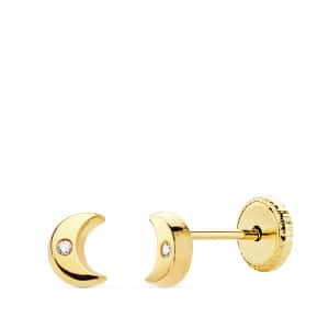 PENDIENTES ORO 18K AMARILO LUNA CIRCONITA 4.5 X 3.5 MM CIERRE TUERCA