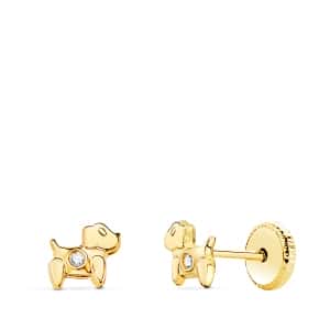 PENDIENTES ORO 18 KTS. AMARILLO PERROS CON CIRCONITA 5 X 4,5 MM. CIERRE TUERCA