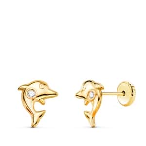 PENDIENTES ORO 18 KTS. AMARILLO DELFIN CON CIRCONITA 5.5 X 4 MM CIERRE TUERCA