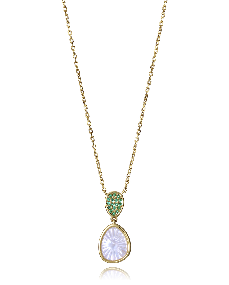 Collar de plata de primera ley con baño de oro con circonitas verdes y colgante con madre perla Ref: 2364C100-92