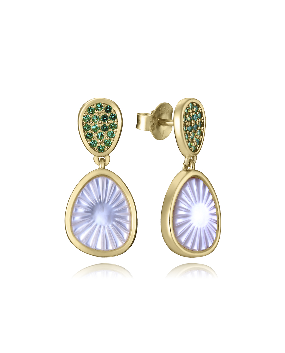 Pendientes de plata de primera ley con baño de oro con circonitas verdes y colgante con madre perla Ref: 2364E100-92